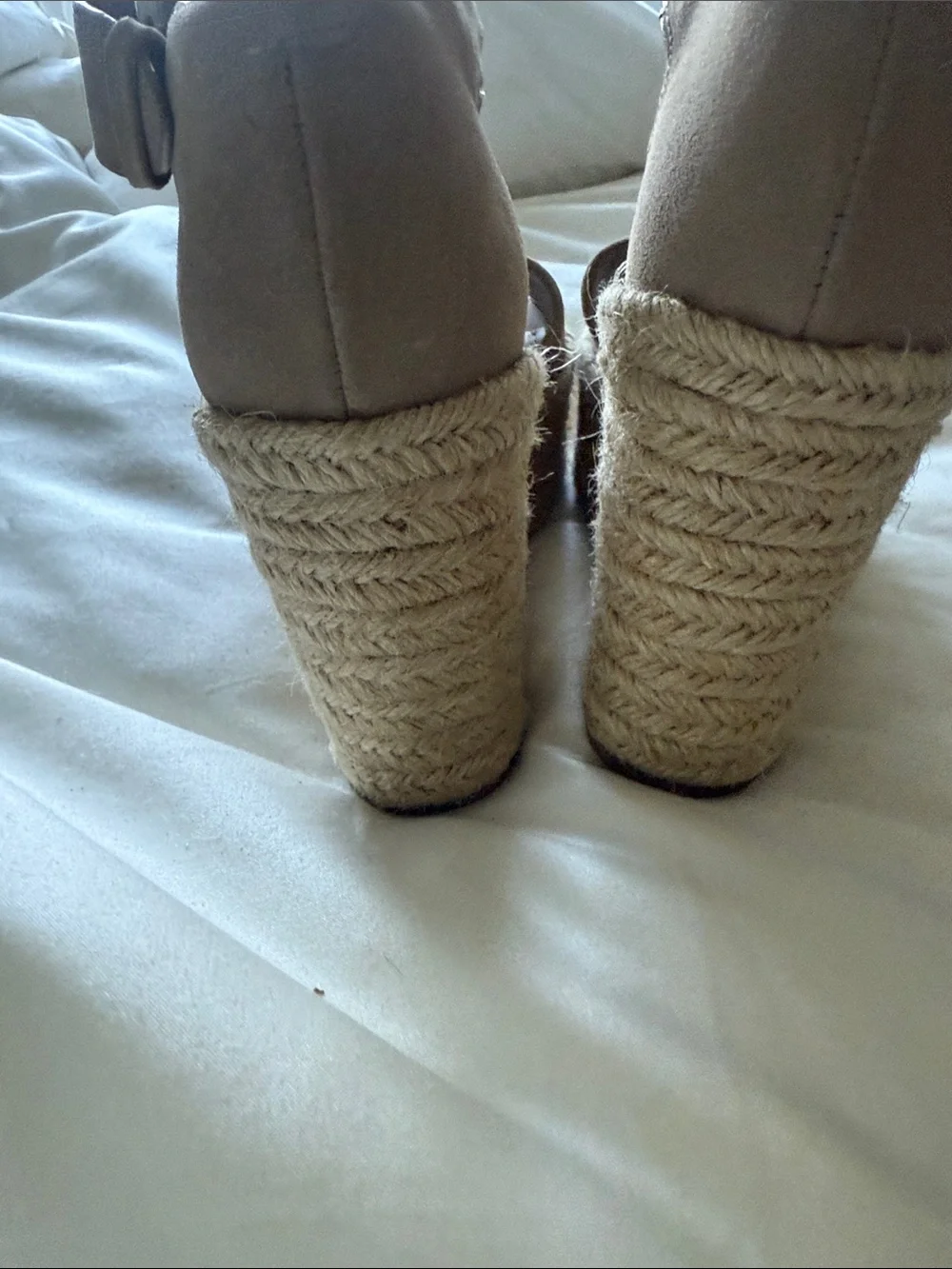 Marc Fisher Taupe Suede Espadrille Wedge Sandals with Ankle Strap. 8